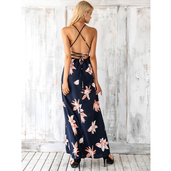 Deep V Backless Strappy Navy Floral Maxi Dress - Picture 5 of 9